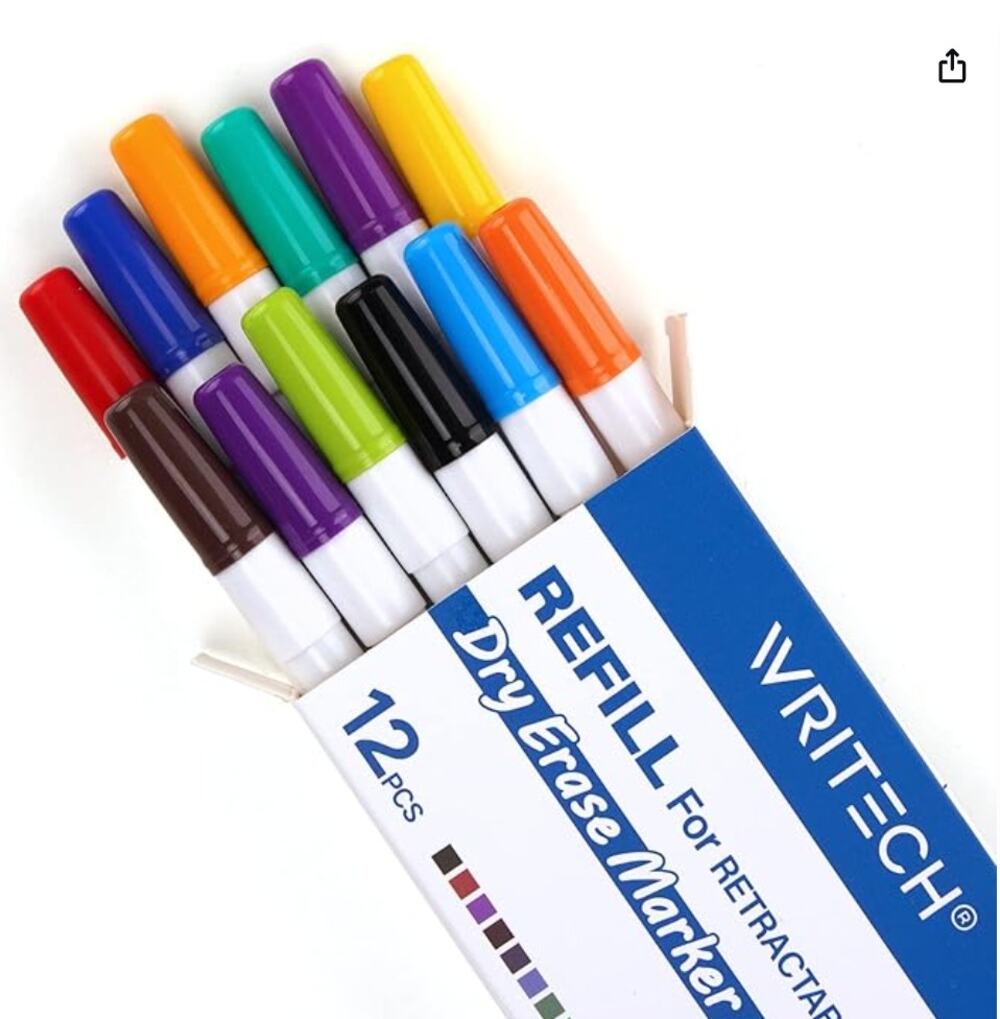 12ct WRITECH Dry Erase Marker Refills, Low Odor Assorted Colors Ink